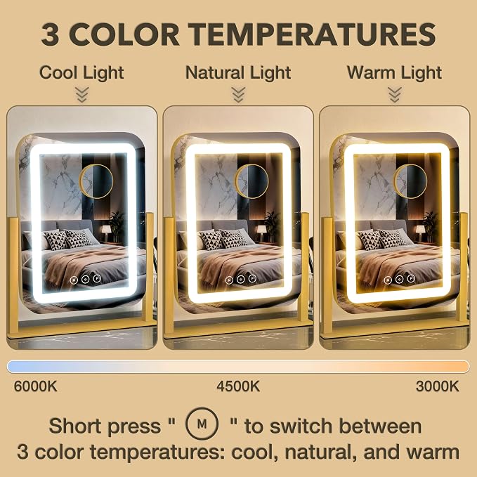 12"×13.9" Vanity Mirror with Lights, LED Makeup Mirror | Smart Touch, 3 Dimmable Colors, Memory Function, 10X Magnifying, for Desk, Bedroom, Dorm, Vanity