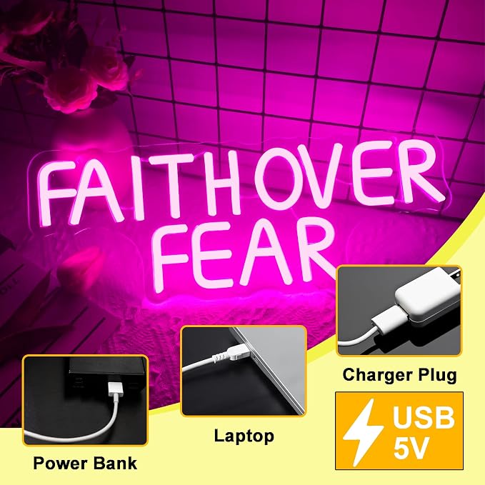Faith Over Fear Neon Sign for Wall Decor, Dimmable Bible Verse LED Decor God Wall Art, USB Powered for Bedroom, Living Room, Office, Aesthetic Jesus Lover Gifts