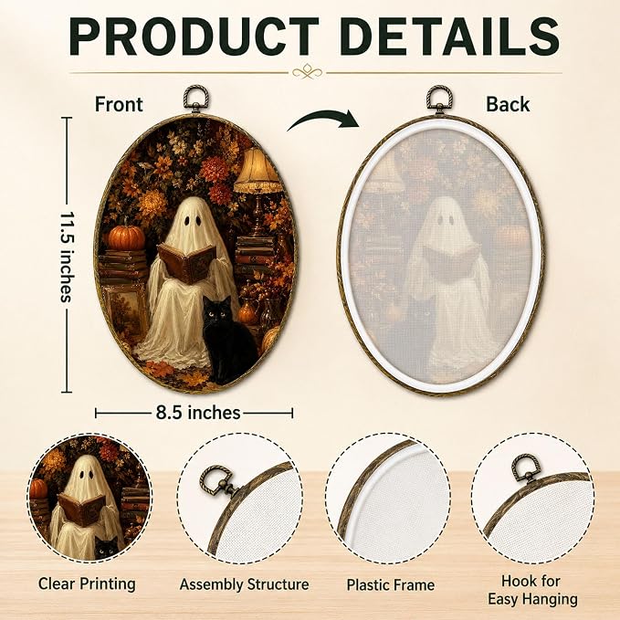 Reading Ghost Black Cat Oval Wall Art, Framed Canvas Decor, 8.5x11.5 Inch | Reading ghost with black cat, pumpkins, autumn flowers and cozy lamp decor
