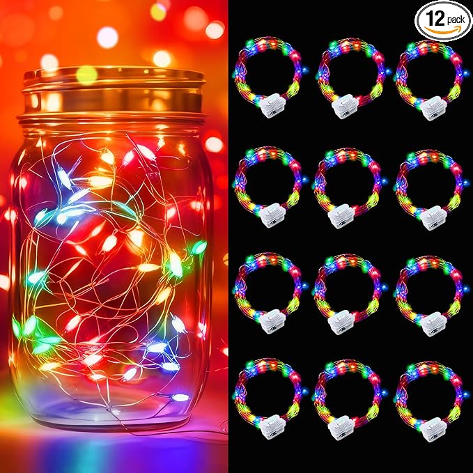 12 Pack Multicolor LED Fairy Lights with Vibrant Red Beads, Battery Operated String Lights, 7 ft 20 LED Waterproof Firefly Lights on Silver Wire for Home Party Wedding Christmas Decorations