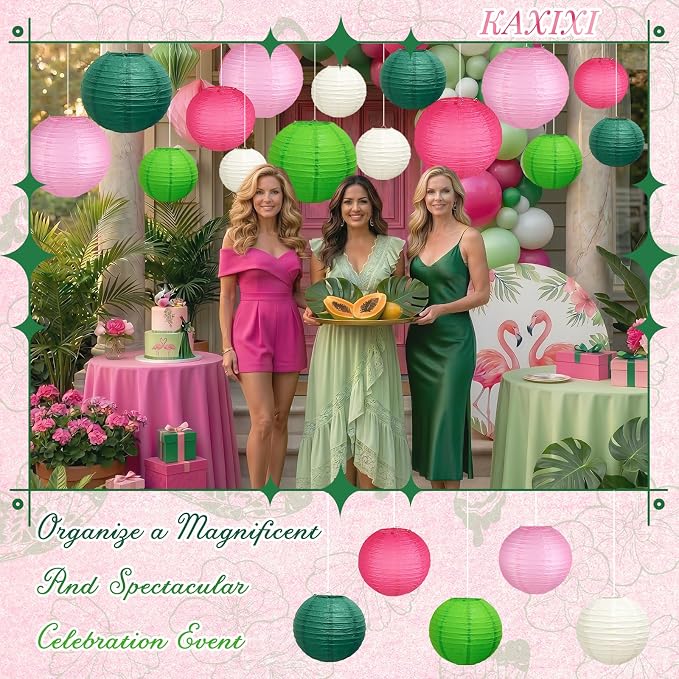 15-Piece Pink Green White Paper Lanterns Party Decorations | 6/8/10-Inch Hanging Decor for Princess Birthdays, Baby Showers, Witch Themes, Bachelorette and Summer Parties