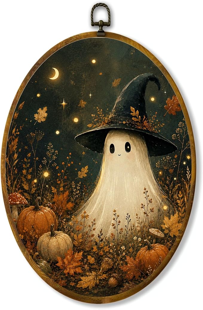 Ghost Witch Pumpkin Oval Wall Art, Framed Canvas Decor, 8.5x11.5 Inch | Cute ghost in witch hat, pumpkins, fall leaves, mushrooms and crescent moon decor
