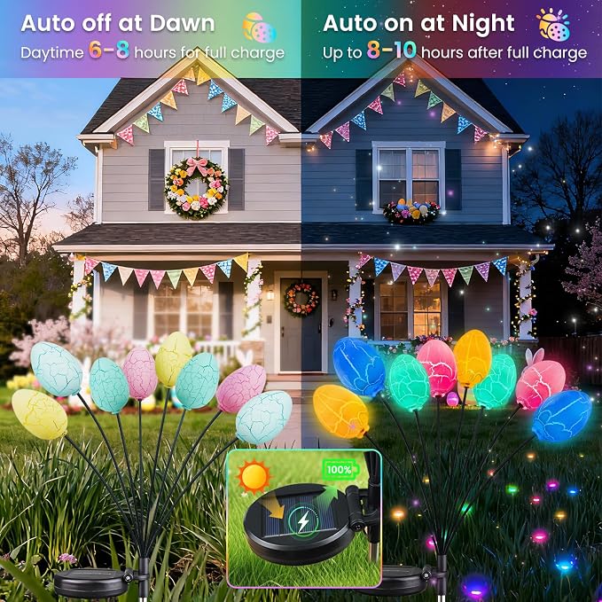 4 Pack 32 Led Solar Easter Egg Lights, Colorful Garden Swaying Firefly Lights Outdoor with 2 Lighting Modes, Waterproof Solar Stake Lights for landscaped Yards, Porches and Patio Easter Decorations