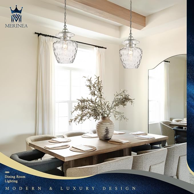Chrome Hammered Glass Pendant Light for Kitchen Island, 9" Modern Hanging Lighting Fixture for Kitchen Sink Dining Room Entryway Hallway Bedroom, E26 Base