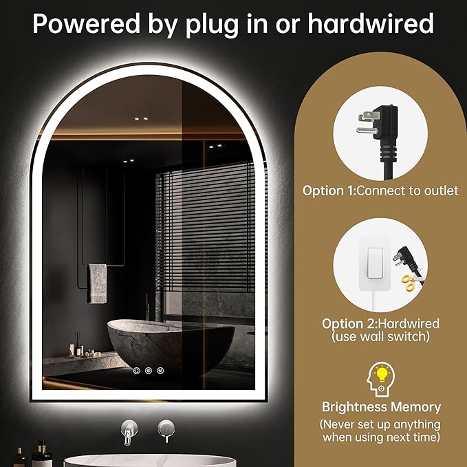 Arched Bathroom Mirror with Lights 40"x28"- Frameless LED Mirror for Bathroom, Fogless, Dimmable, 3 Color Changing, Shatterproof, Touch Sensor