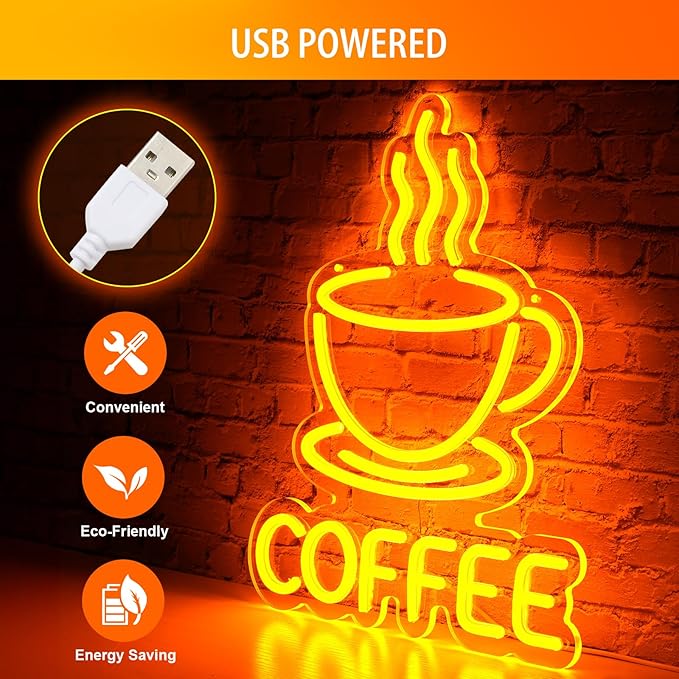 Coffee Neon Sign for Wall Decor Dimmable Modern Led Sign for Cafe Shop, USB Powered Coffee Cup Neon Signs Light Up for Cafe Station Accessories Art Decor Party Decorations(15.7 * 12.8inches)