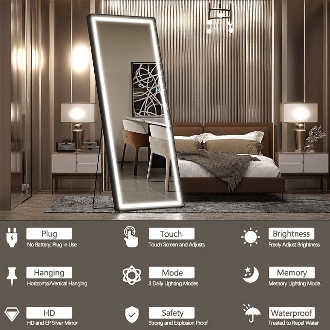 Hasipu Full Length Mirror with Lights, 71" x 28" LED Floor, Full Body Dressing Standing, Hanging Mounted Mirror, Round Black