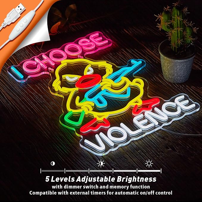 I Choose Violence Duck Neon Sign Goose Gun LED Light AK 47 Decor, USB Powered Dimmable Morale Art Signs for Pub Store Man Cave Room 16.5 X 12.6 inch