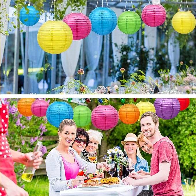 Hanging Paper Lanterns Decorative, Rainbow Colorful Chinese Paper Lanterns Ceiling Party Decorations with 16 LED Lights for Fiesta Mexican Party Baby Shower Birthday Wedding Anniversarie, Pack of 16
