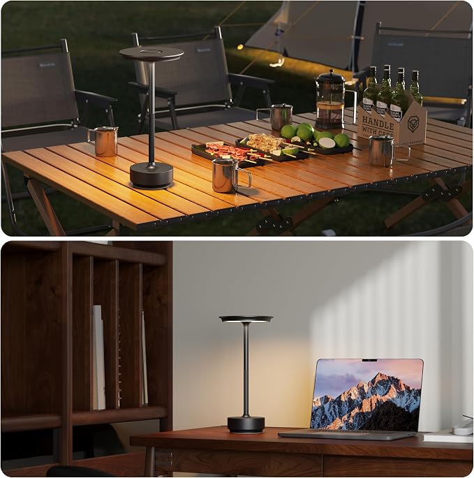 TBBGA 2 Pack Rechargeable Table Lamps Cordless, 5000mAh Outdoor Table Light | 3 Color Stepless Dimming Portable LED Table Lamp with Memory Function, for Home/Dinner/Patio/Restaurant.(Black)