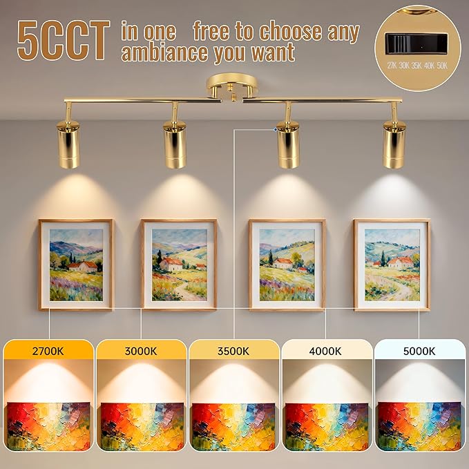 5Color LED Track Lighting Kit 4 Lights Dimmable 48W Track Light,Zoomable15°/24°/36°/45°/60°-2700K/3000K/3500K4000K/5000K,Track Lighting for Accent Task Kitchen,Lumen 4800 (Gold, 48 Watts)
