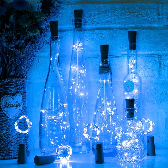 Brightown 10 Pack Wine Bottle Lights with Cork, Blue | 7ft 20 LED Battery Operated Cork Lights, Waterproof for Liquor Bottles DIY Party Holiday Wedding Décor