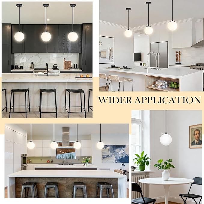 6" Globe Pendant Light Black 2 Pack Mid Century Pendant Light Globe Pendant Lights Kitchen Island Matte Black Finished with Milk Glass Adjustable Ceiling Light Fixtures for Dining Room Bar