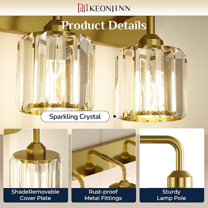 Keonjinn 4-Light Gold Bathroom Light Fixtures Over Mirror, Crystal | Vanity Lighting Fixture with Crystal Square Shades, Dimmable, Modern Style, Compatible with E26 Base LED Bulbs (Exclude Bulb)