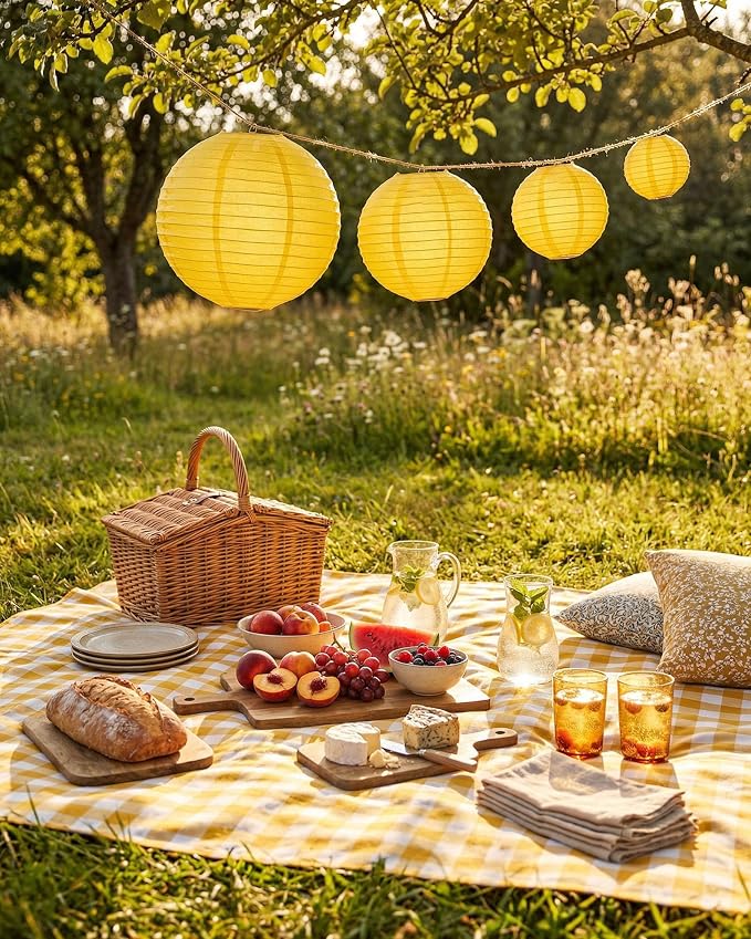Treela 48 Pcs Paper Lanterns Party Decorations Round,Yellow | Chinese Hanging Lamps, Wedding, Party Supplies, Birthday Bridal, 4/6/8/10 Inch, Easy Setup, Asian Decor, Festive Atmosphere