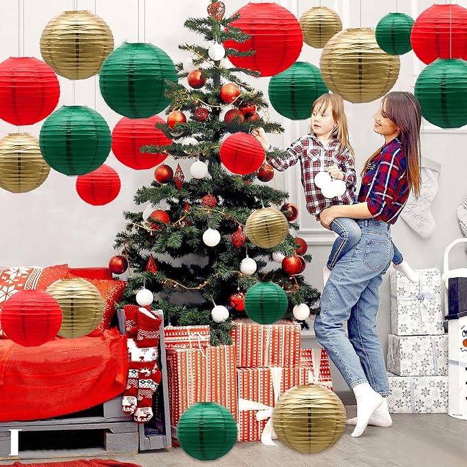21-Pack Green Red Gold Hanging Paper Lanterns Decorative | 4/6/8/10 inches Round Lantern for Christmas, Italian Party, Mexico Party, Graduation, Anniversary, Birthday Decorations