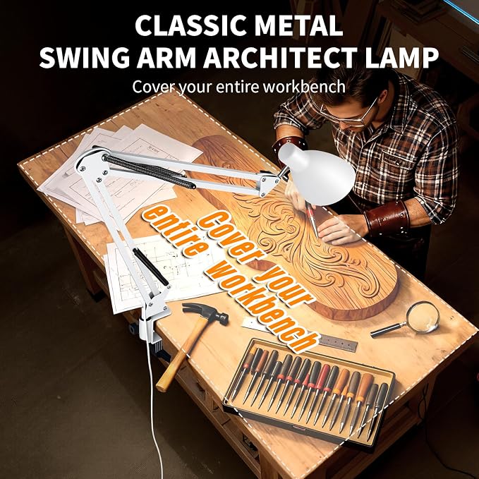 Swing Arm Desk Lamp with Clamp, Adjustable Arm LED Clamp on Desk Lamps with 5 Color Modes and 10 Brightness for Home Office Reading Drafting Study (White)