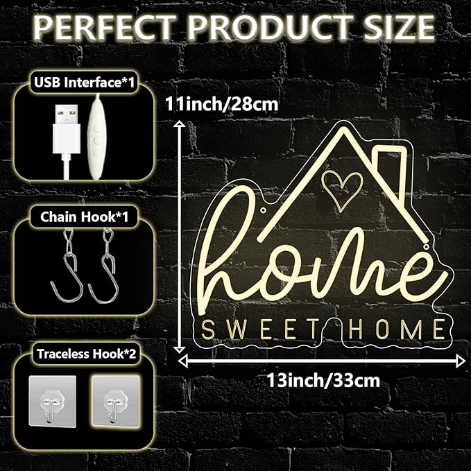 Home Sweet Home Neon Sign for Wall Decor,Warm White LED Signs for Living Room Bedroom House New Home Apartment,House Warming Dimmable Neon Light Gifts for Couple Women Men USB Powered（13"*11"）
