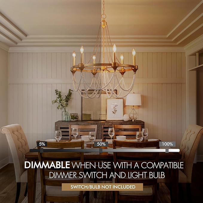 Boho Beaded Chandelier Farmhouse Rustic Candle Style Hanging Light Fixtures French Country Chandeliers Lighting for Dining Room Foyer Kitchen Entryway Antique Gold Chandelier 6-Lights W25.6