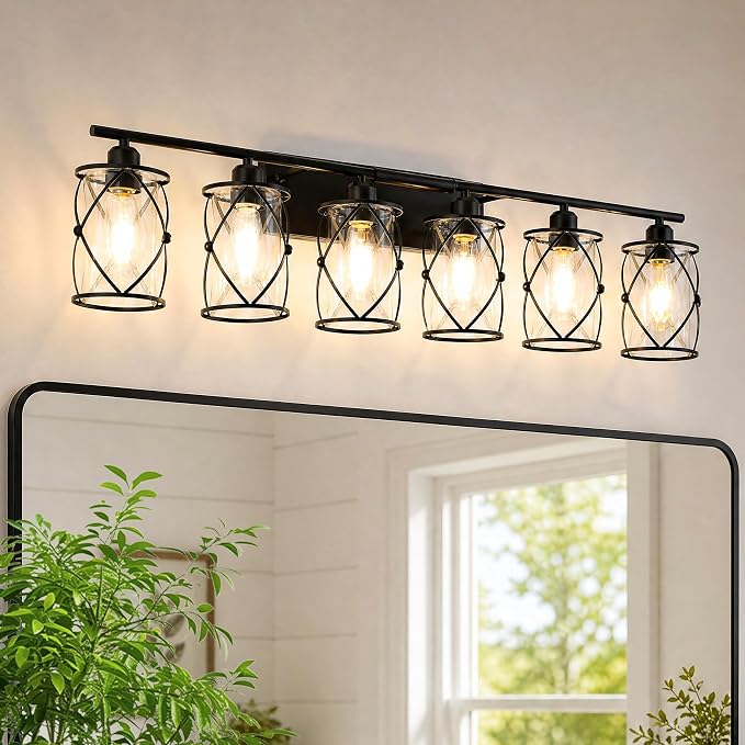 6-Light Matte Black Bathroom Light Fixtures Over Mirror, 42" UL-Listed Modern Wall Sconce Lights with Clear Glass and Metal Cage for Bath, Hardwire E26, CH9176BK-6W