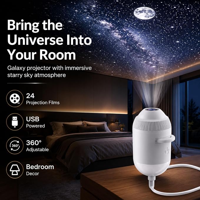 5D Holographic Night Light Projector, 4k Star Projector with 24 Hd Projection Films, 360° Rotatable USB Powered Plug and Play Ocean Wave Galaxy Projector for Bedroom Decor, Gaming Room and Home Decor