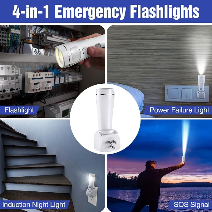 Enhon 3 Pack 4 in 1 LED Emergency Lights for Home Power Failure,White | Rechargeable plug-in flashlight, motion sensor night light, auto turn-on during blackout, hurricane supplies