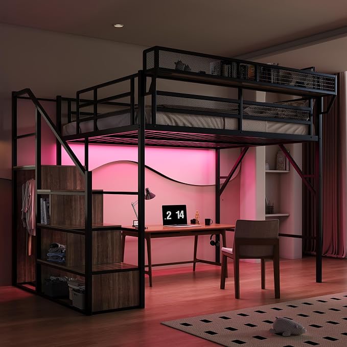 Queen Size Metal Loft Bed with Storage Shelf Built-in USB Port | Heavy Duty Loft Bed with Storage Stairs & Wardrobe+ LED Lights, Large Under-Bed Area, Noise Free, No Box Spring Needed