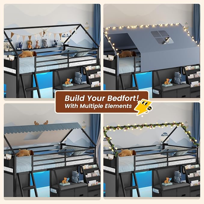 ADORNEVE Low Loft Bed Twin Size with Bookshelf, Reading Nook & 3 Drawers | Kids Loft Bed, LED, Storage Drawers, Beside Box, Under-Bed Play Space,Safety Guardrail, Inclined Ladde, Play Curtain, Black