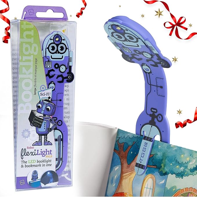 Gifts for Readers & Writers Book Light for Kids, Clip On Reading Light for Bed, 2in1 Flexilight Pals & Bookmark, Small & Lightweight with a Soft Glow, 2 Batteries Included, Robot Purple