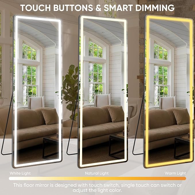 Antok LED Full Length Mirror with Light, 56"x20" Lighted Full Body Mirror with Stand, Dimmable & 3 Color Lighting Standing/Leaning/Wall Mounted Vanity Mirror for Bedroom Cloakroom Livingroom(Rect)