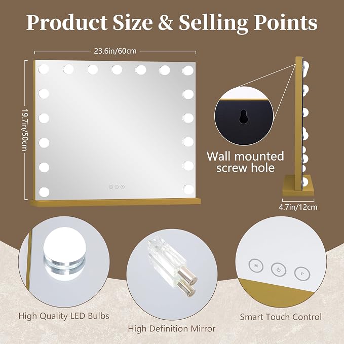 Vanity Mirror with Lights 23.6''x20.5'' Makeup Mirror with Lights Lighted Up Mirror with Dimmable Bulbs,3 Color Lighting Modes,USB Charging Port Touch Control Design Gifts for Women Gold