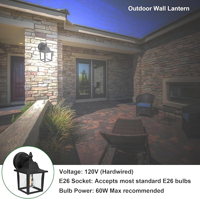 Outdoor Wall Light Fixture, Rustproof Aluminum, Glass | Exterior Porch Light Wall Sconce Lantern for House, Patio, Garage, Waterproof, E26 Socket 60W Max, Black, 1 Pack