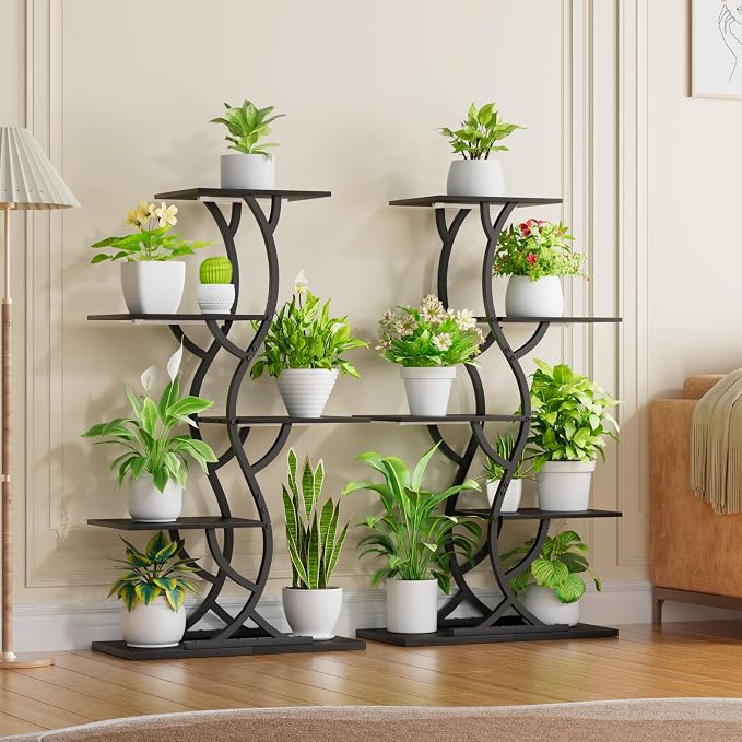 Plant Stand Indoor with Grow Lights - 5 Tiered Corner Plant Shelves (Black) | 44" Tall Metal Plant Shelf, S-Shape Lighted Flower Holder Dispaly Rack for Living Room, Home, Patio, Balcony