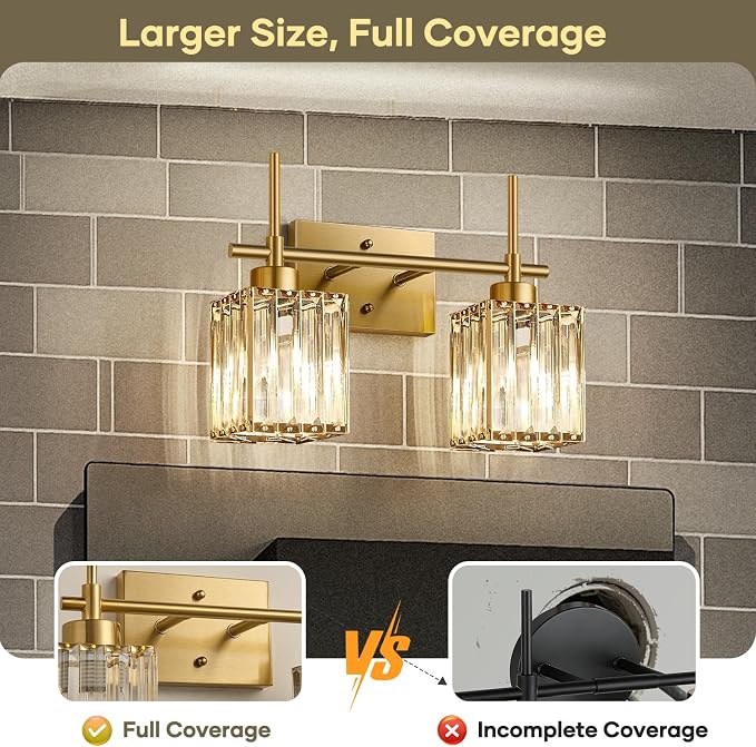 Torondo Modern Crystal Bathroom Vanity Light 2-Lights Brushed Gold Bathroom Light Fixtures Over Mirror Brushed Gold Vanity Lighting Fixtures Square Shade Wall Sconce (Bulbs Not Include)