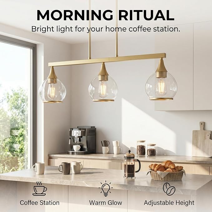 Kitchen Island Linear Pendant Light, 3-Light Gold Dining Room Chandelier with Clear Glass Globe Shades, Modern Linear Lighting Fixture Over Table
