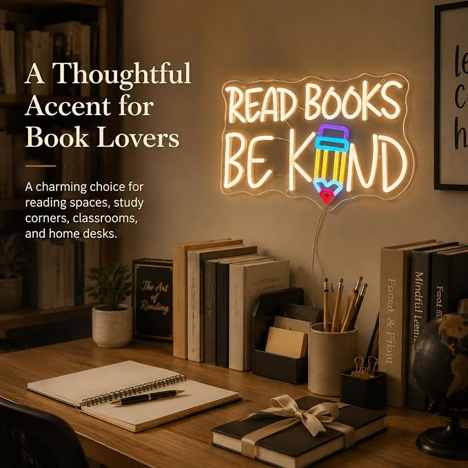 "Read Books Be Kind" Classroom LED Neon Sign | 16.5" x 10.4", Pencil Wall Decor, Inspirational Quote Light, Library Classroom Study Room Home Office