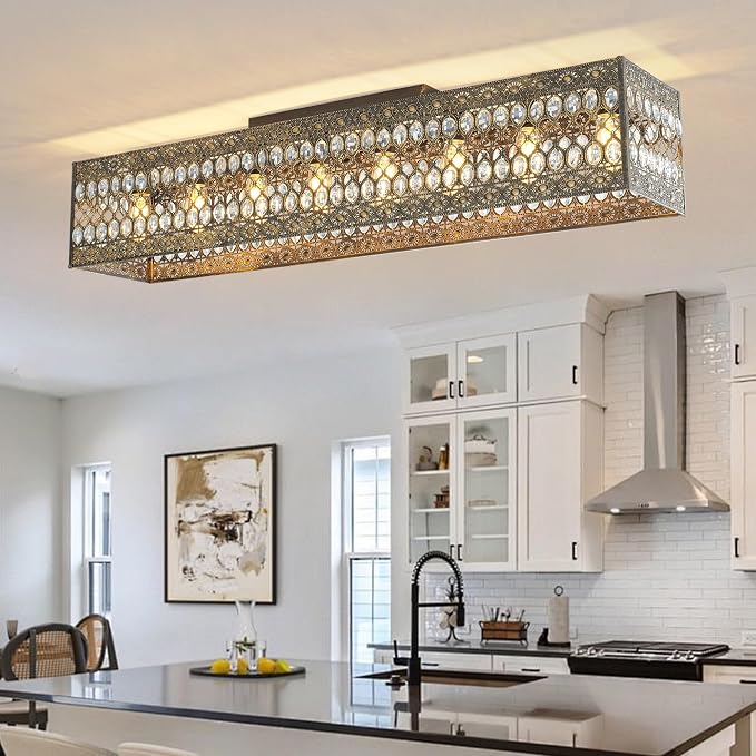 Garwarm 48 Inch Crystal Chandelier, 8-Light Rectangular Ceiling Light | Vintage Antique Copper Gold Flush Mount Dining Room Fixture for Long Tables, Kitchen Islands, Living Rooms and Large Spaces