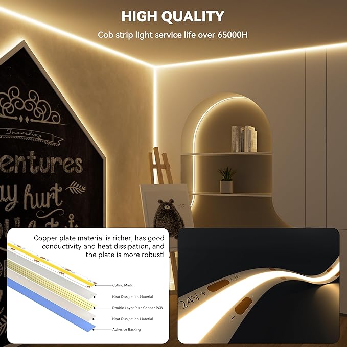 PAUTIX COB LED Strip Light 32.8ft/10m,Work with Alexa/Google Assistant, Warm White led Strip 3000K UL Listed,Dimmable 24V Flexible Tape Light,Super Bright Strip Lights for Office,Bedroom,Kitchen