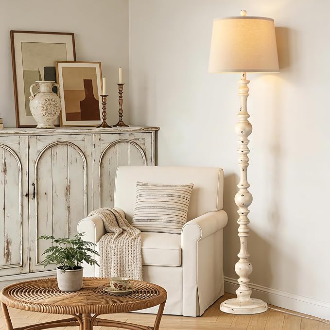 QiMH 61" Vintage Floor Lamp for Living Room, Farmhouse Lamps, Shabby White | Rustic Tall Lamp for Bedroom, Linen Lampshade, Rotary Switch, Sturdy Base, Home Decor