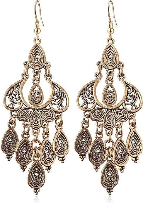 Unique Bohemian Vintage Bronze Chandelier Teardrop Flower Geometry Dangle Drop Earrings For Women