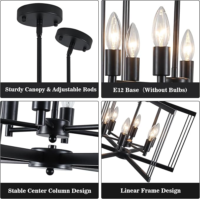 LASENCHOO Modern Black Chandelier for Dining Room Light Fixture, 6 Lights Geometric Pendant Lights Kitchen Island, Industrial Metal Chandeliers for Entryway Kitchen Living Room Foyer Lighting Fixtures