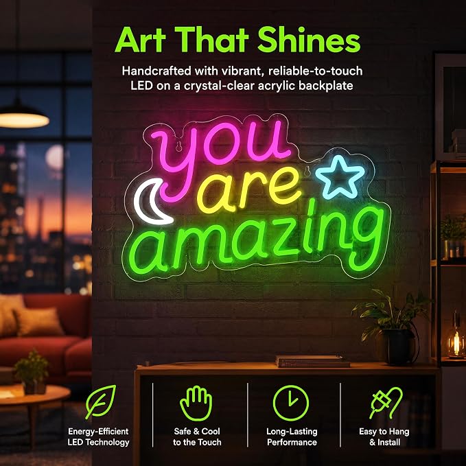 You Are Amazing Neon Sign - Pink/Yellow/Green Moon & Stars Wall Decor | 15.7"x9.8" Bedroom Light with Dimmer, 6.5ftUSB Powered, Hanging Chian Included