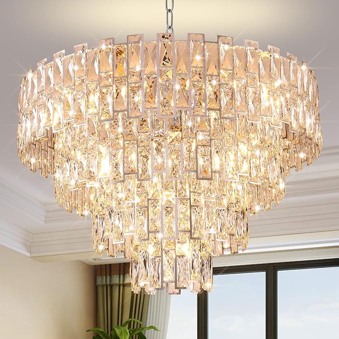 32" Luxury Crystal Chandelier for Dining Room, Modern Ceiling Light, French Empire Style with Premium K9 Crystals, Elegant Chrome Finish, Perfect for Living Room or Bedroom, 21-Light Fixtur (Chrome)