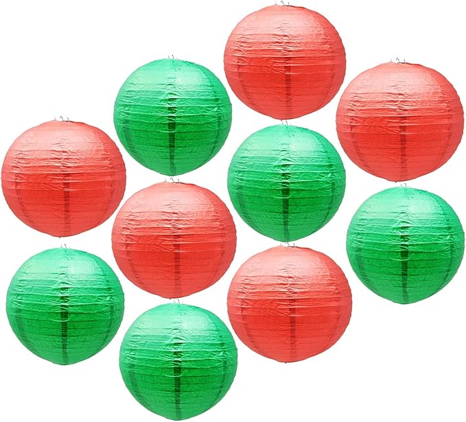 Mudra Crafts Red and Green Paper Lanterns Wedding Party Decorations - 12 in 10 Round Hanging Ceiling Lanterns, 10 Pack, Decorative Lamp Shades