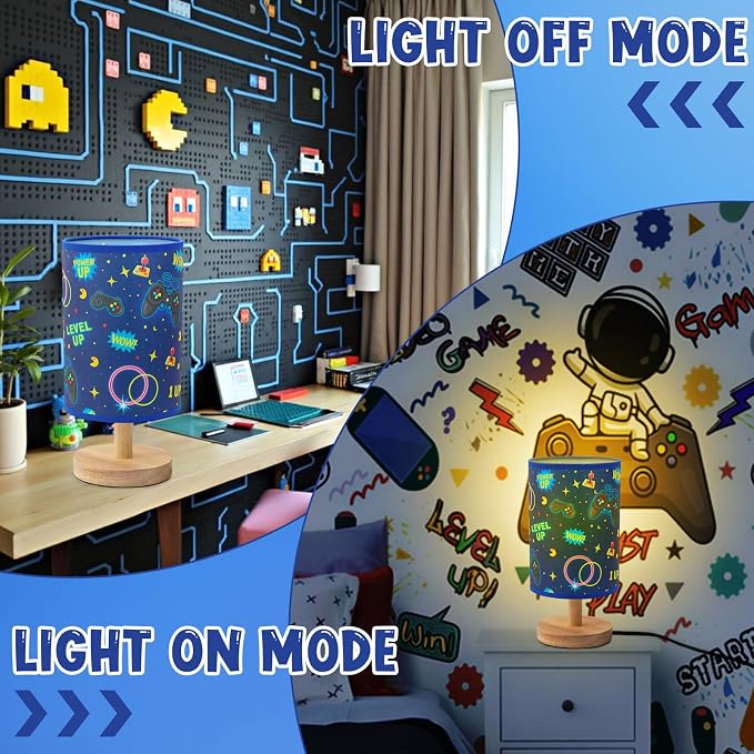 Kids Gaming Lamp for Boys Bedside Lamp with Linen Wooden Nightstand Cartoon Nursery Video Game Lampshade for Kids Gamer Decor