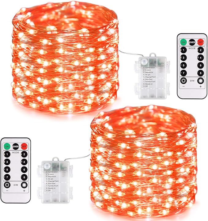 JMEXSUSS 2 Pack Halloween Fairy Lights Battery Operated, Total 400LED 132ft | Orange Fairy Lights with Remote, Waterproof, 8 Modes Twinkle String Lights for Halloween Tree Yard Bedroom Wreath Fall Decor