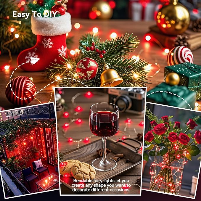 LitHome 4 Pack Red Fairy Lights Battery Operated, Each 20 FT 60 LED | Halloween Twinkle Lights Battery Operated 2 Modes, Waterproof Fairy String Light for Party Wreath Garland Table Decor