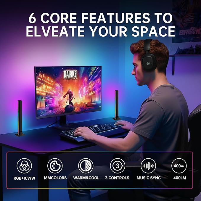 RGB+IC LED Light Bars – 12.6-inch TV Backlight for 55" and Smaller TVs & Monitors | Bluetooth-Enabled, 16 Million Colors, Music Sync for Gaming, PC, and Room Decoration