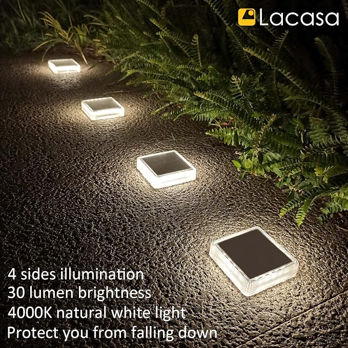 Lacasa Solar Deck Lights, 4 Pack 30LM LED Dock Lights Natural White 4000K, Outdoor Solar Powered Step Lights Light up All Night IP68 Waterproof Auto ON/Off for Garden Stairs Driveway Pathway Lighting