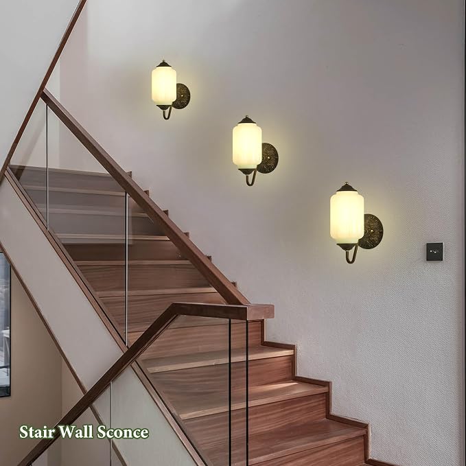 Vintage Milk Glass Wall Sconce - Set of 2,Antique Green Sconce (Bulb×2) | Dimmable,Mid Century Brass Gold,Install Up or Down,Art Deco Retro Vanity Light Fixture for Hallway Bathroom Bedroom Bedside